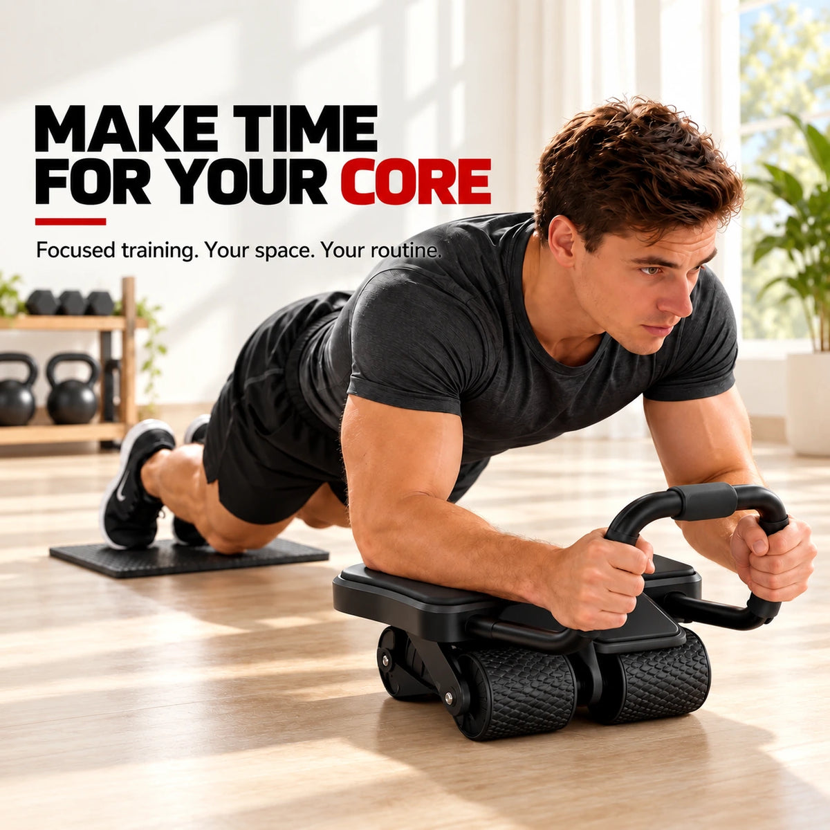 Man using the Armvora Ab Roller with elbow supports and knee mat at home