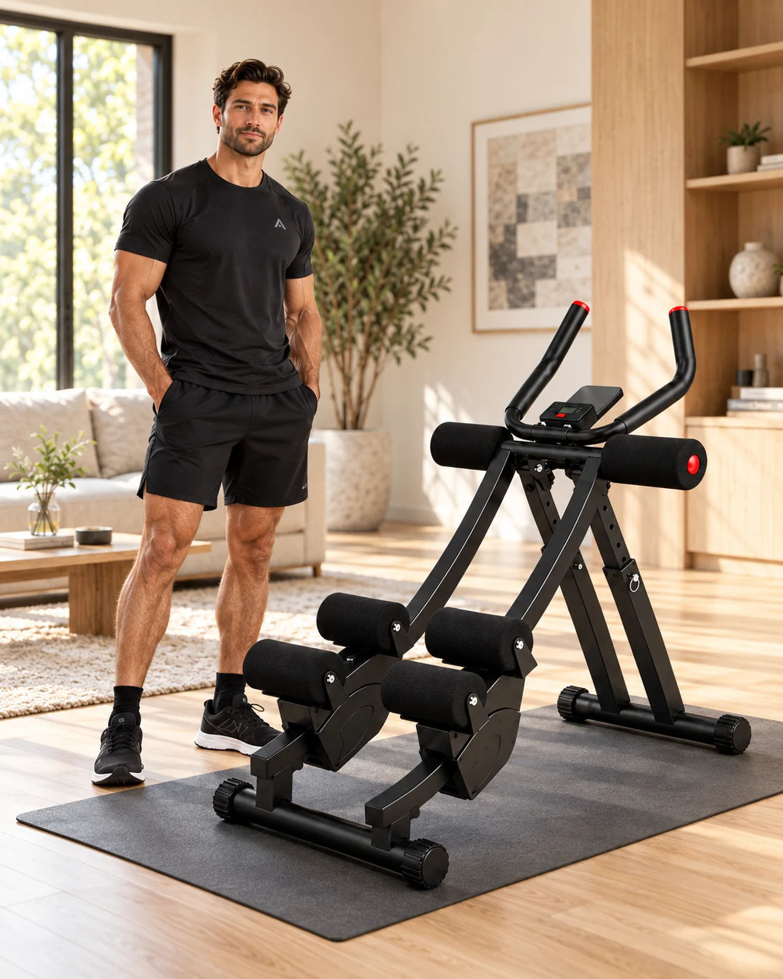 Athlete beside the ARMVORA Dual Track Ab Trainer in a bright home.