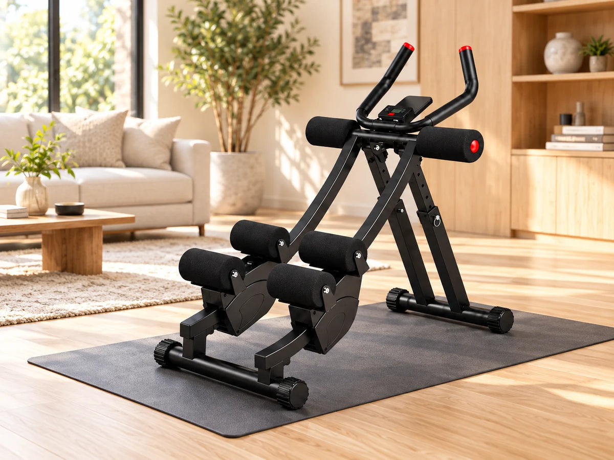 ARMVORA Dual Track Ab Trainer on a mat in a modern living room.