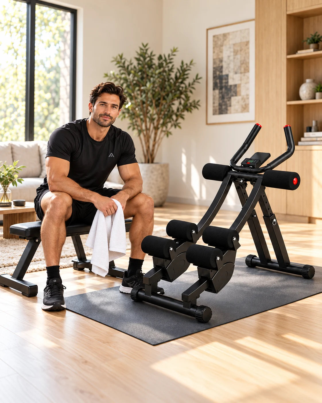 Athlete resting after a home workout beside an ARMVORA trainer.
