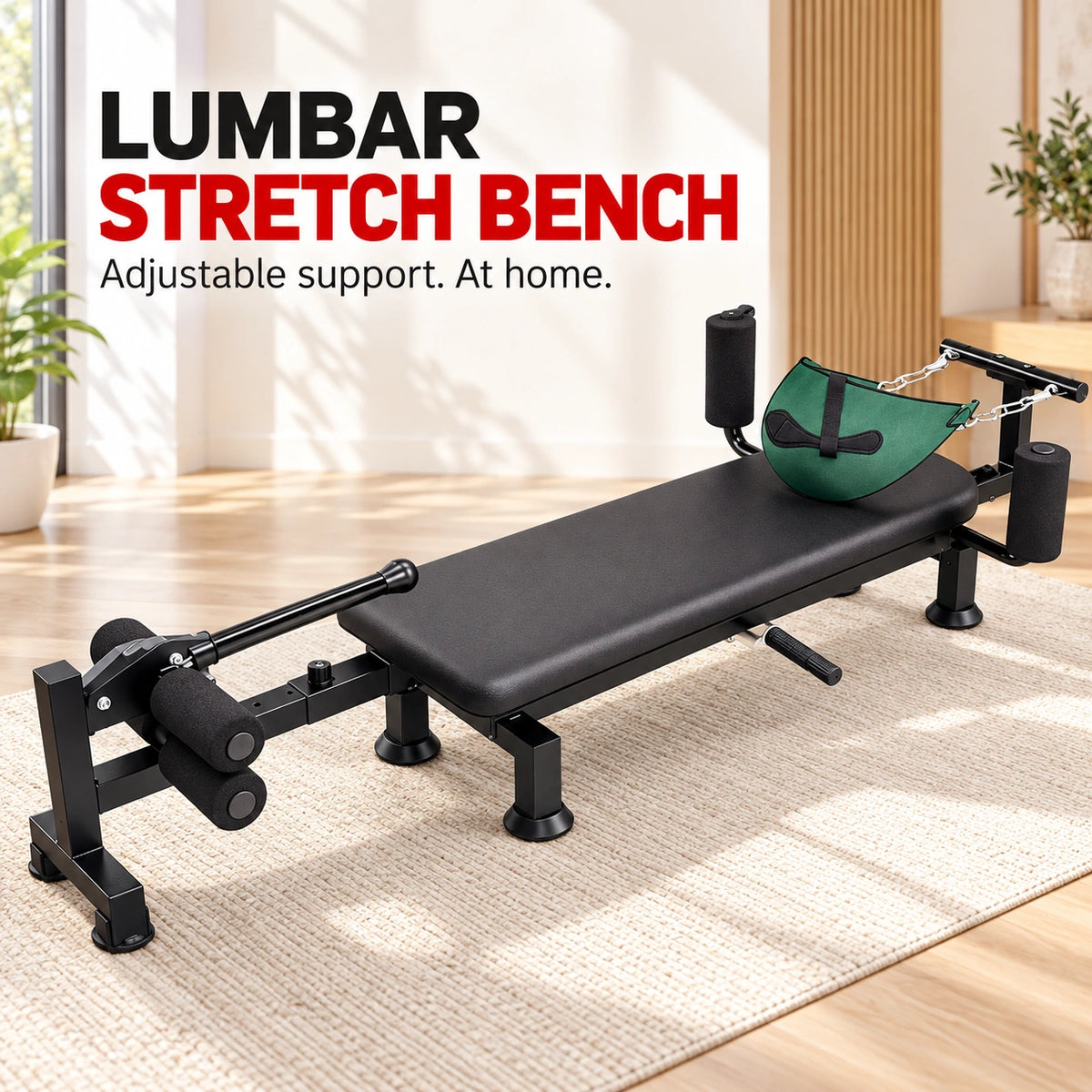 Armvora lumbar stretching bench – adjustable black bench with padded supports and green sling