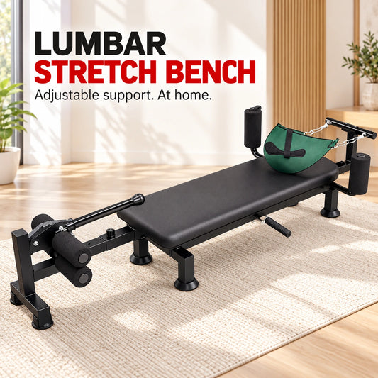Armvora lumbar stretching bench – adjustable black bench with padded supports and green sling